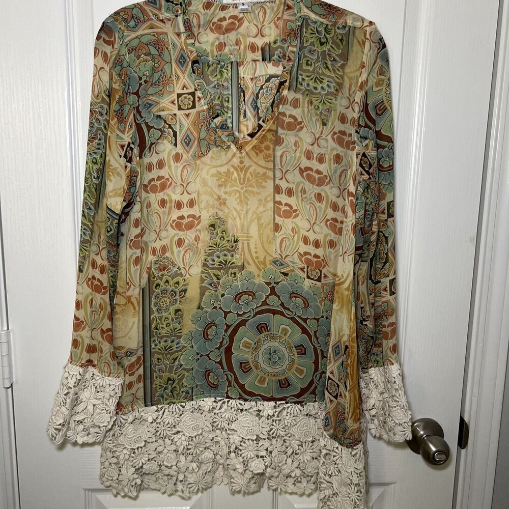 Silksense Bucko Santa Fe Sheer Silk Top Small Boho Artwear Lace Trim Fairycore